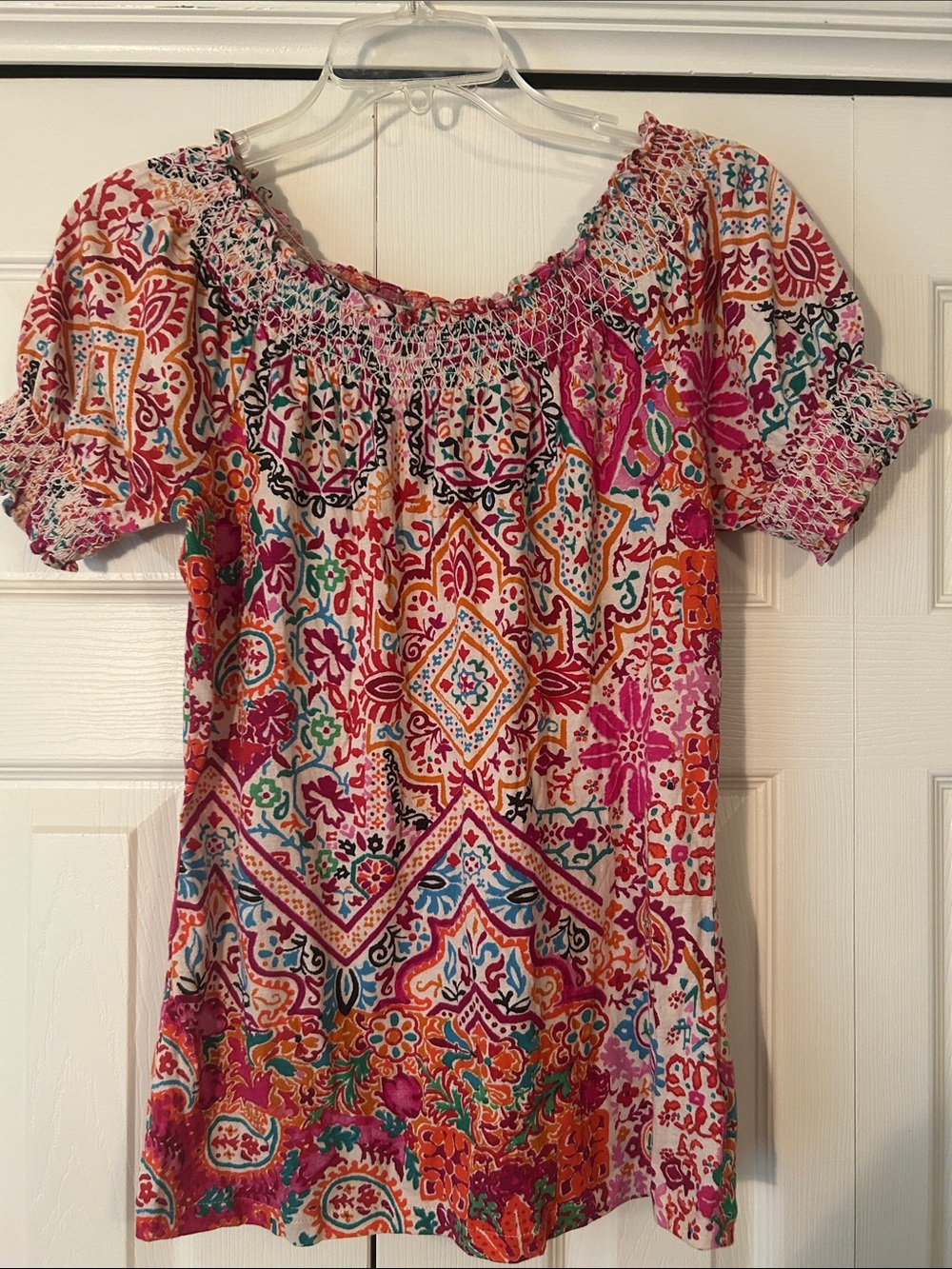 Lauren Ralph Lauren Size S Pink Multi Smocked Tunic Top Boho Chic
